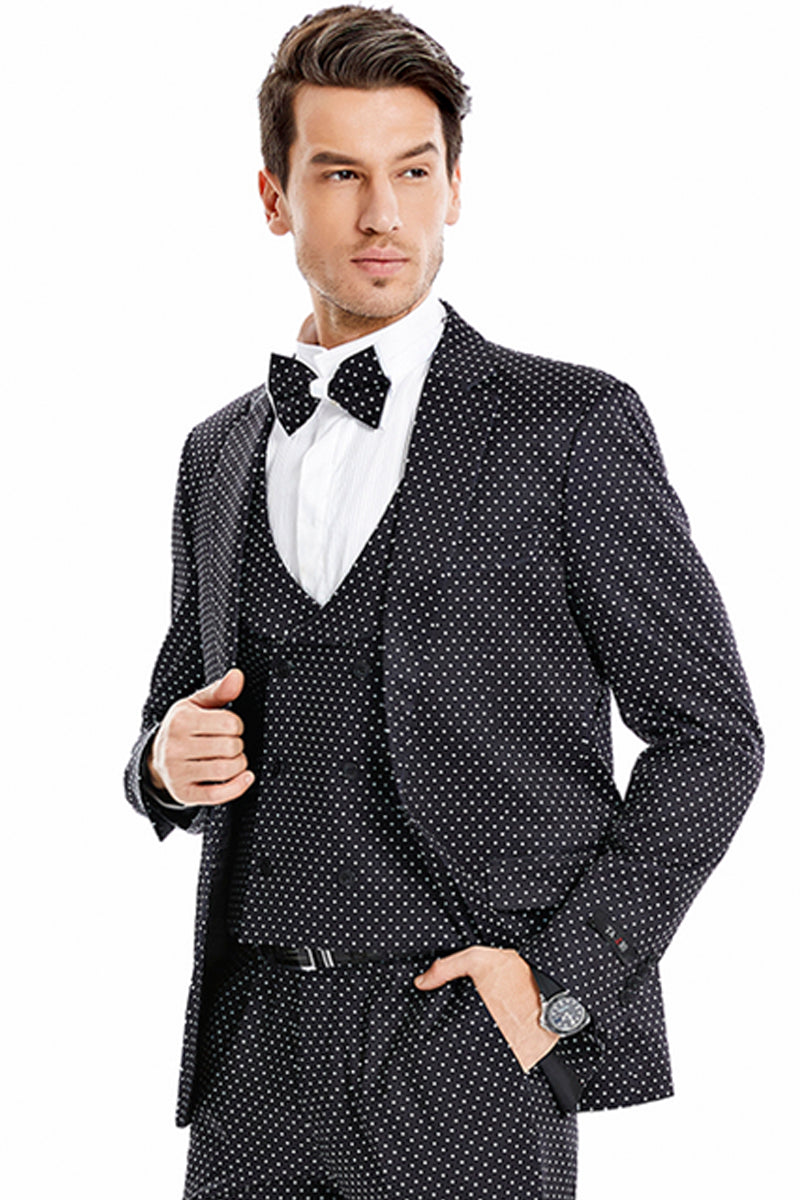 "Men's Black & White Mini Polka Dot Prom 2025 Suit - One Button Vested" - 34 Short