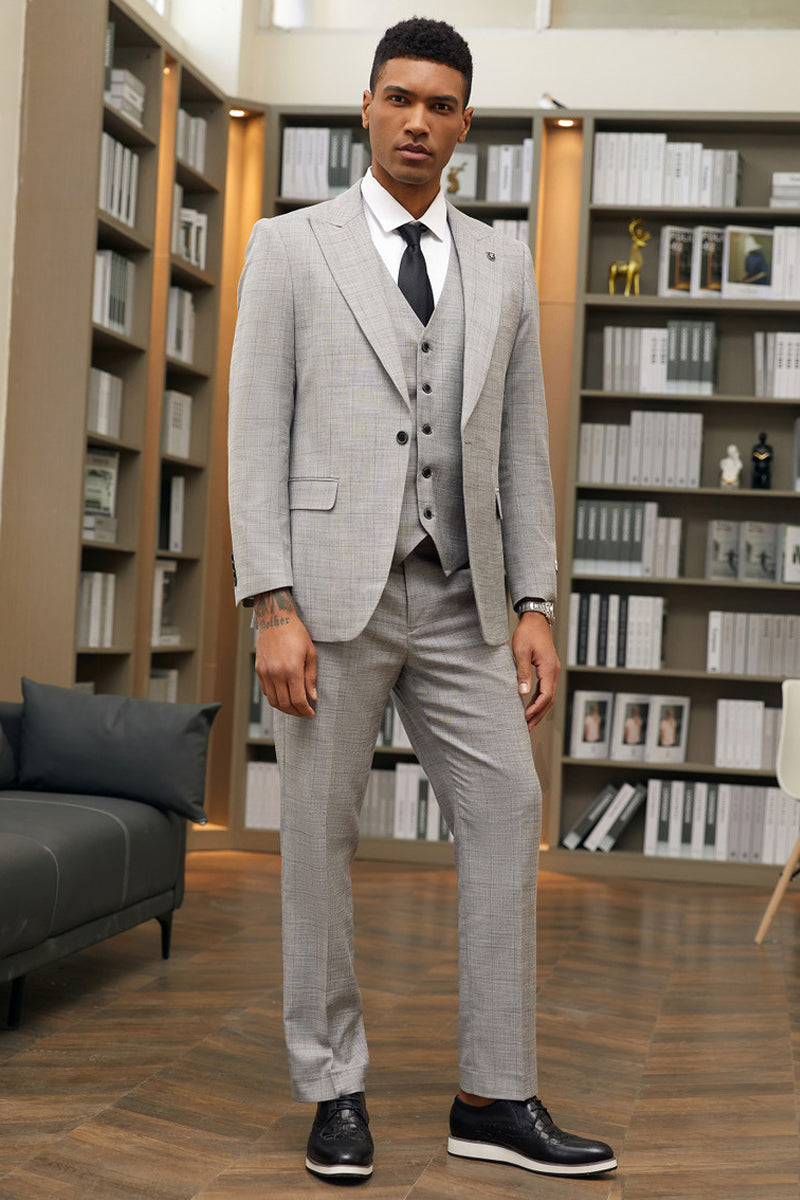 "Mens Stacy Adams Suit-Stacy Adam's Suit Men's Grey Windowpane Plaid Suit - One Button, Peak Lapel, Vested" - 34 Short