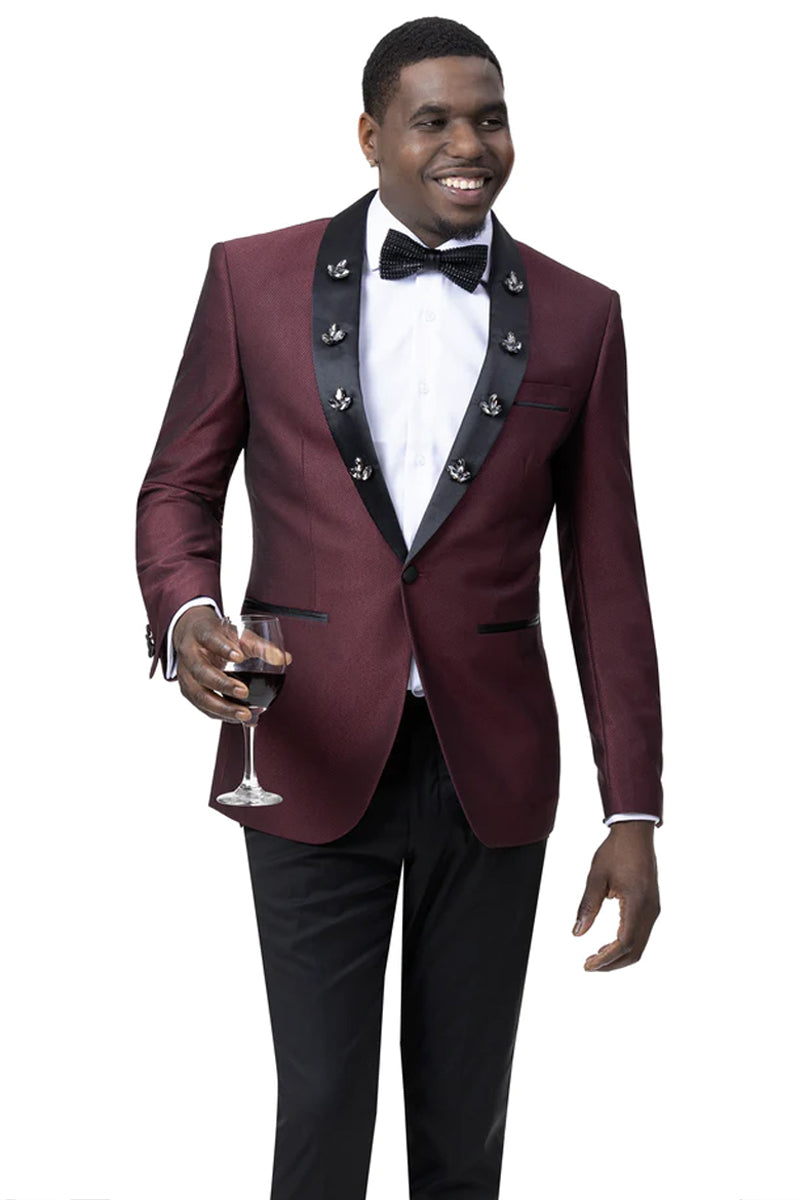 "Burgundy Men's Tuxedo with Diamond Embellishment - One Button Shawl Style"