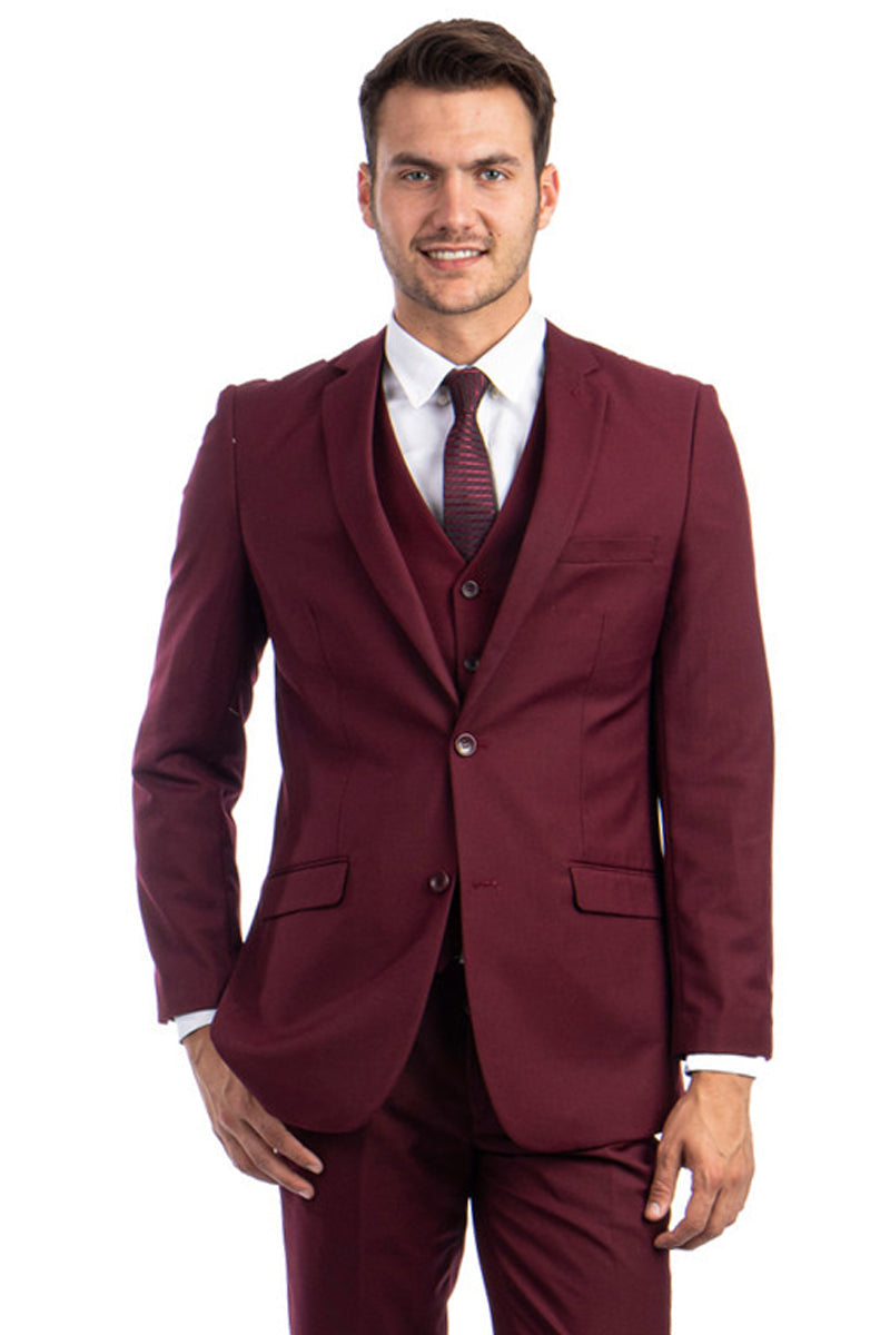 "Burgundy Men's Hybrid Fit Two-Button Vested Suit" - 34 Short