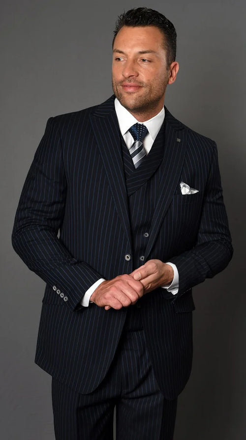 Men's 100% black Wool 3-Piece Suit - Fashion Pinstripe