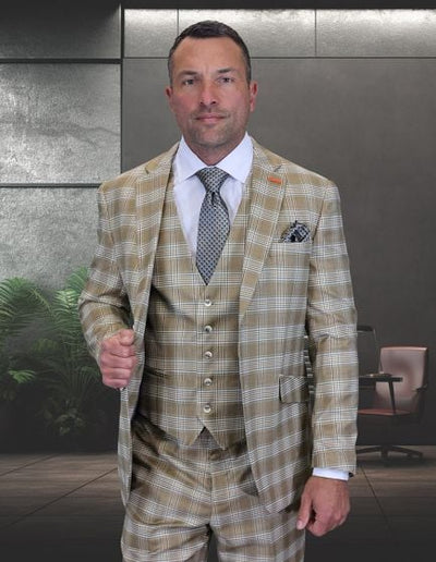 Modern Fit Statement Mens 3-Piece 100% Wool Modern Fit Suit Sharp Plaid Pattern