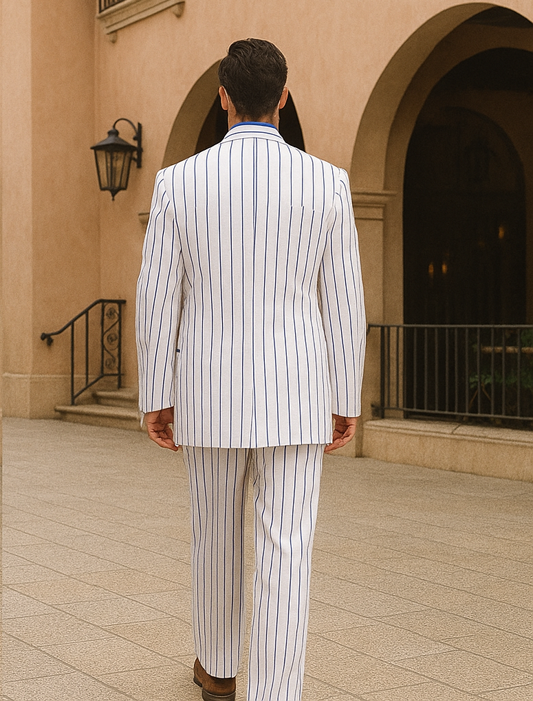 Zoot Suit - Mens 3 Button Vested Barbershop Quartet White with Royal Blue Pinstripes Suit - Coat Size 38