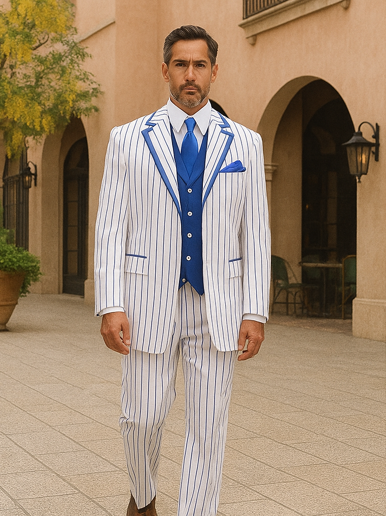 Zoot Suit - Mens 3 Button Vested Barbershop Quartet White with Royal Blue Pinstripes Suit - Coat Size 38
