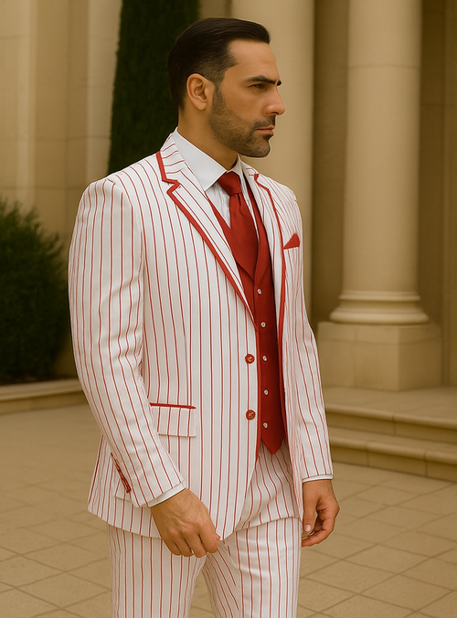 Zoot Suit - Mens 3 Button Vested Barbershop Quartet White with Red Pinstripes Suit