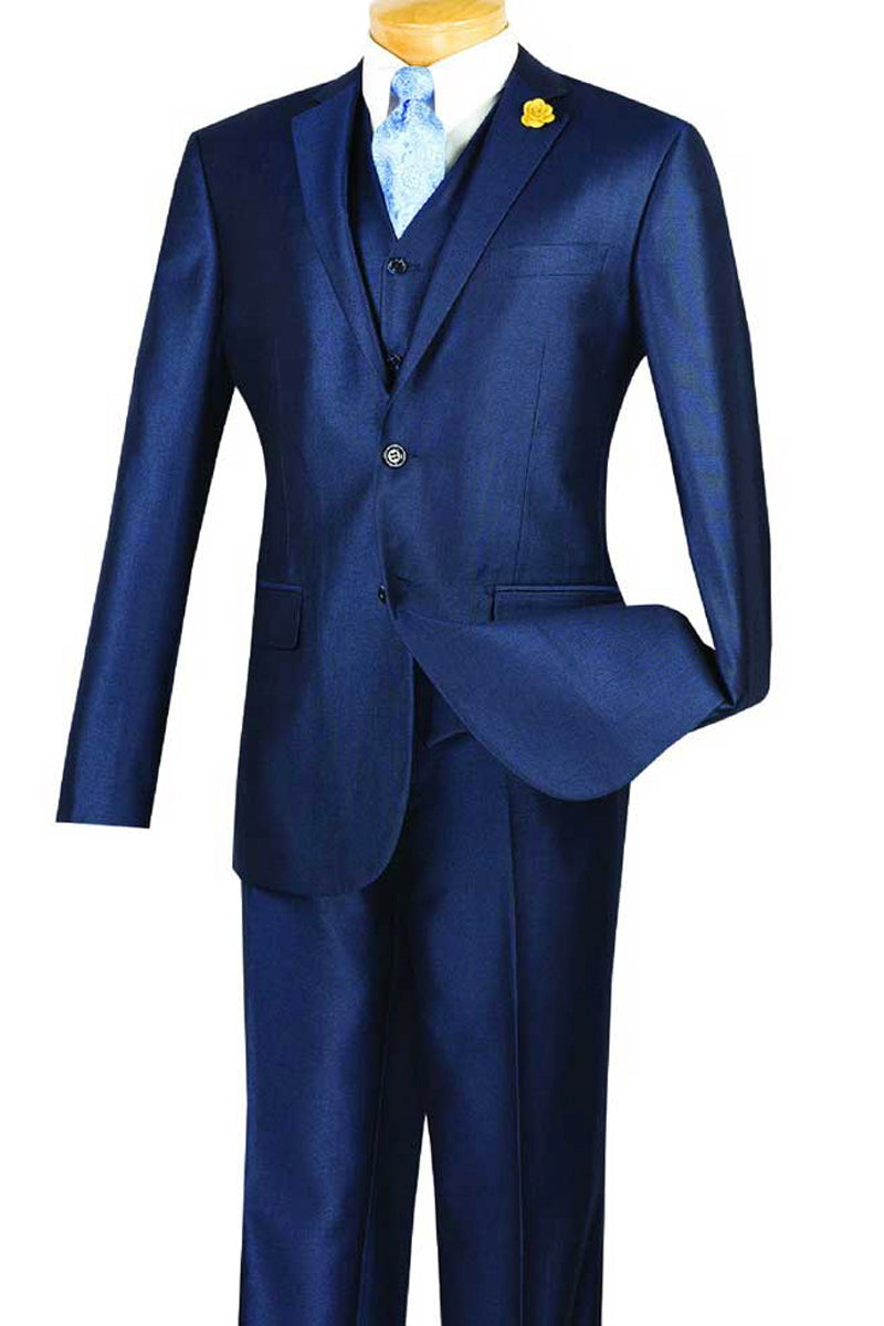 Mens Vested Slim Fit Shiny Sharkskin Suit in Blue - 36 Short