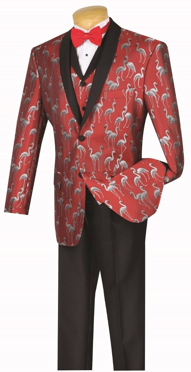 Vinci Men's 3-Piece Elegance Flamingo Pattern Suit - 38 Short Jacket+32 Waist Adjustable 28to34)(Height: 5 4 to5 7 )(Neck  15-16.5)S-M)