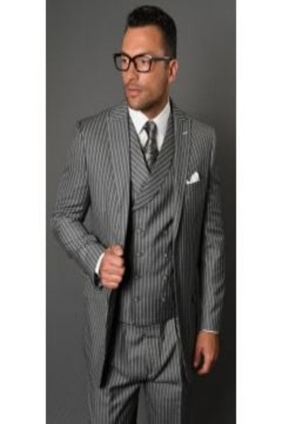 Men's 100% black Wool 3-Piece Suit - Fashion Pinstripe