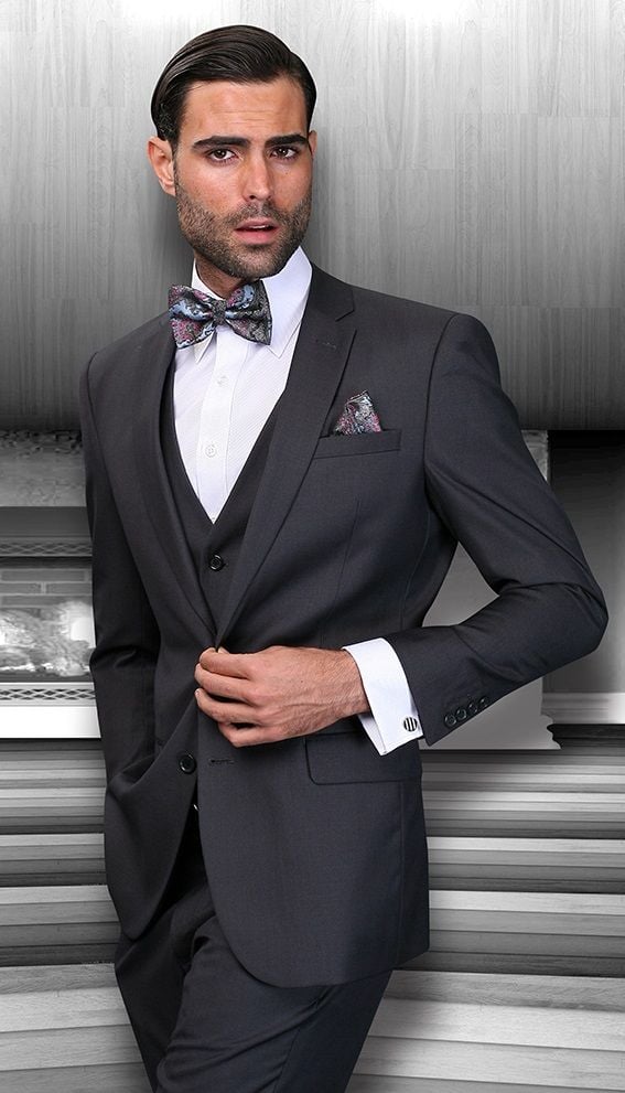 Mens Wool Blend Suit 3Piece Set  Solid Colors Statement black - 38 Short Jacket+32 Waist Adjustable 28to34)(Height: 5 4 to5 7 )(Neck  15-16.5)S-M)