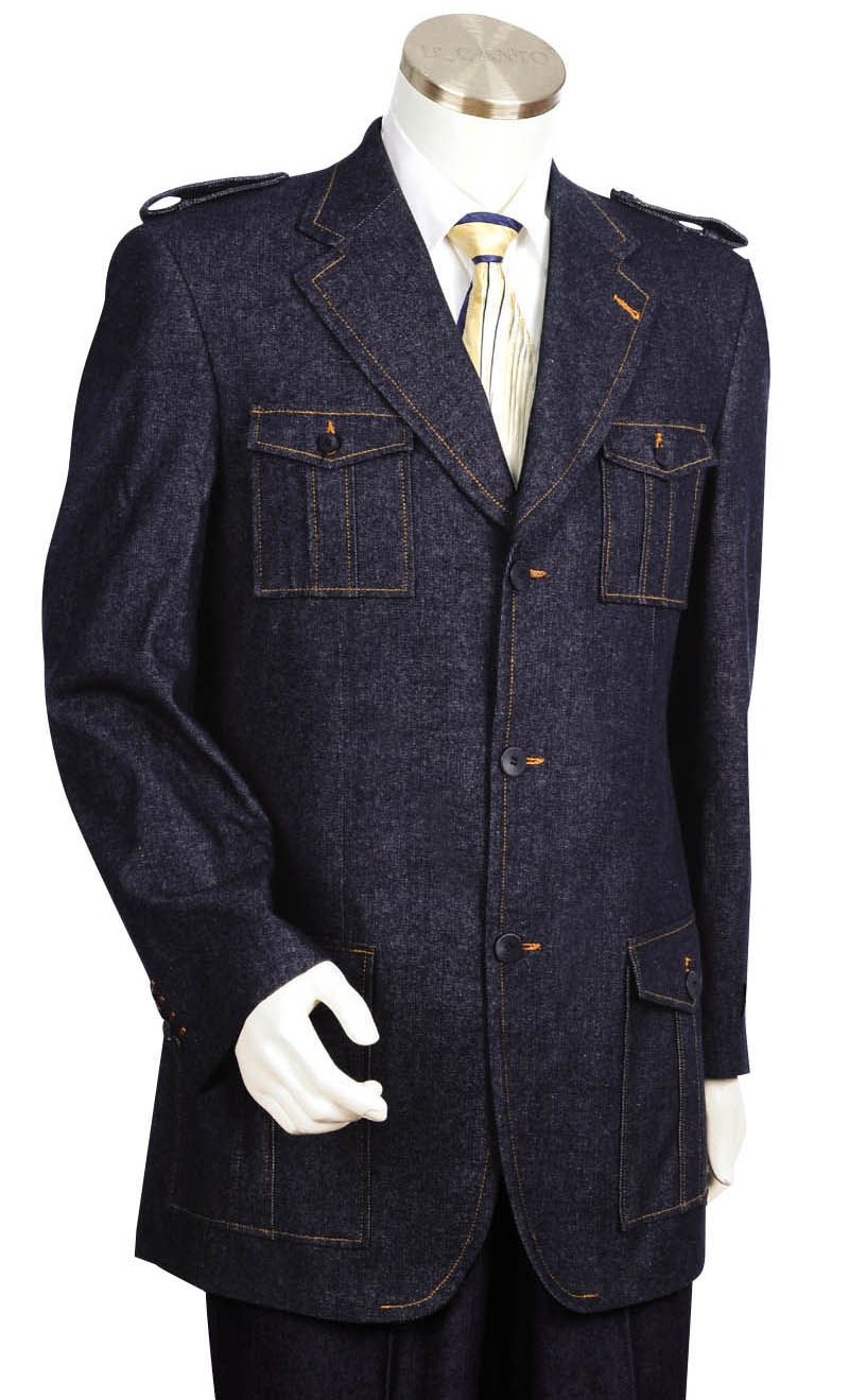 Canto Men's 2-Piece Denim Suit - Military-Inspired Styling - 38 Short Jacket+32 Waist Adjustable 28to34)(Height: 5 4 to5 7 )(Neck 15-16.5)S-M)