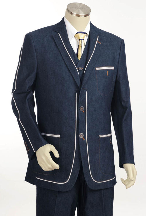Canto Men's Denim 3 Piece Suit Notch Lapel & Fancy Satin Trim