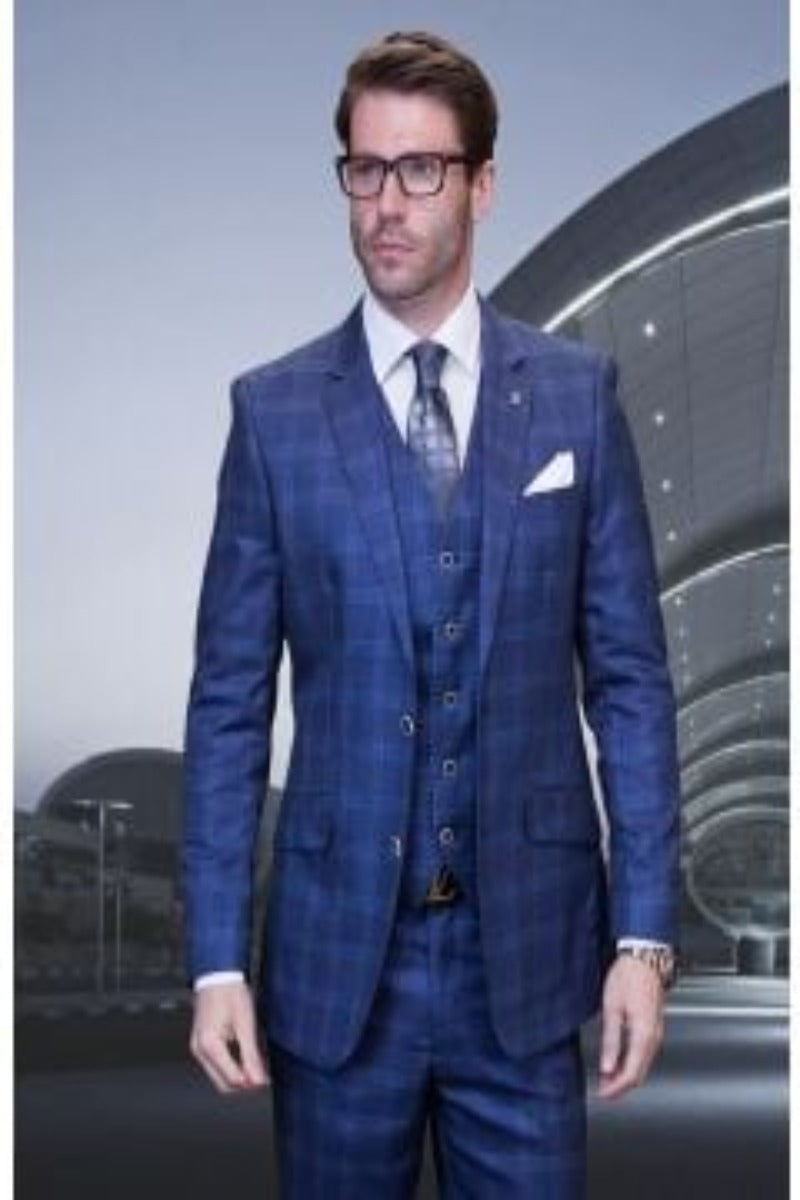 Windowpane Texture Business Pattern Modern Fit Side Vented Men's 3-Piece Wool Suit - Modern Fit Plaid - 34 Short or Extra Small