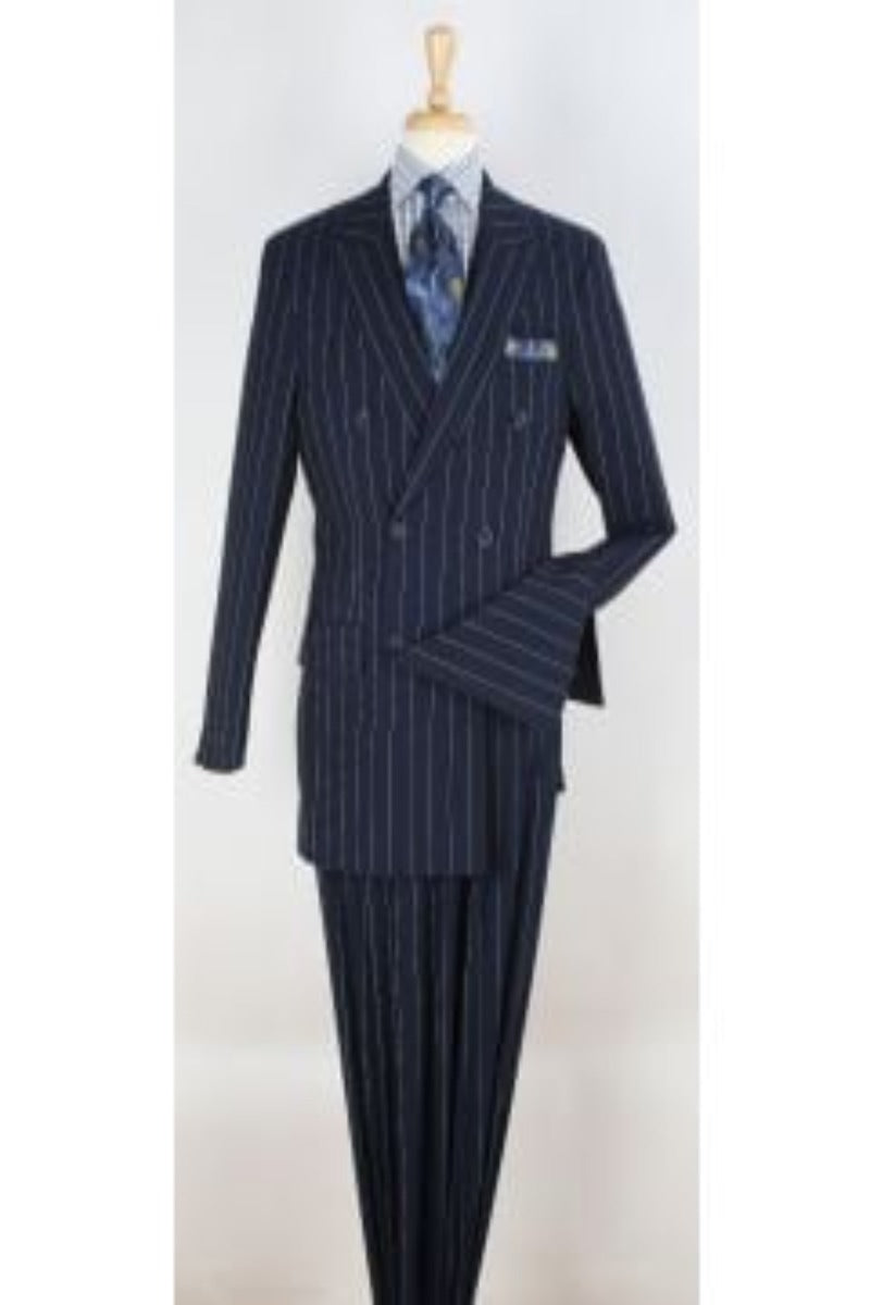 Apollo King Men's 2pc Pinstripe Double Breasted Suit in black - 38 Short Jacket+32 Waist Adjustable 28to34)(Height: 5 4 to5 7 )(Neck 15-16.5)S-M)