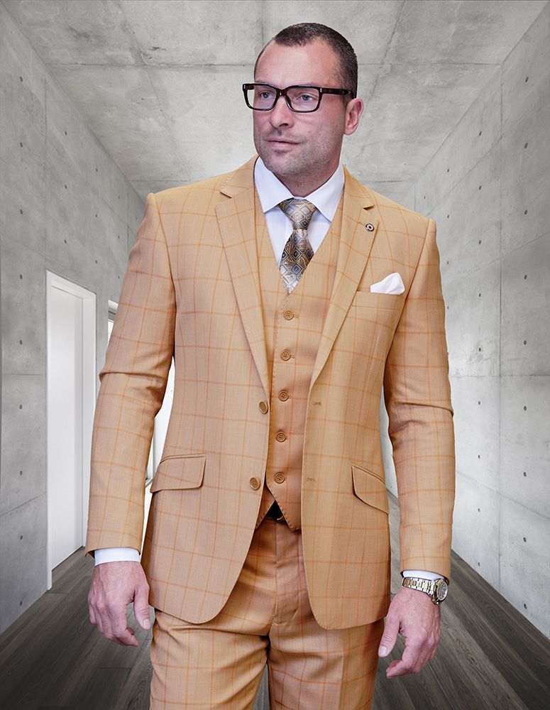Modern Men's Windowpane Wool Suit  3 Piece 100% Wool Fashionable Fit - 38 Short Jacket+32 Waist Adjustable 28to34)(Height: 5 4 to5 7 )(Neck  15-16.5)S-M)