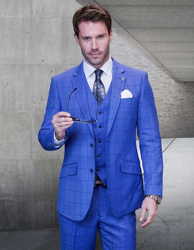 Modern Men's Windowpane Wool Suit 3 Piece 100% Wool Fashionable Fit - 38 Short Jacket+32 Waist Adjustable 28to34)(Height: 5 4 to5 7 )(Neck 15-16.5)S-M)