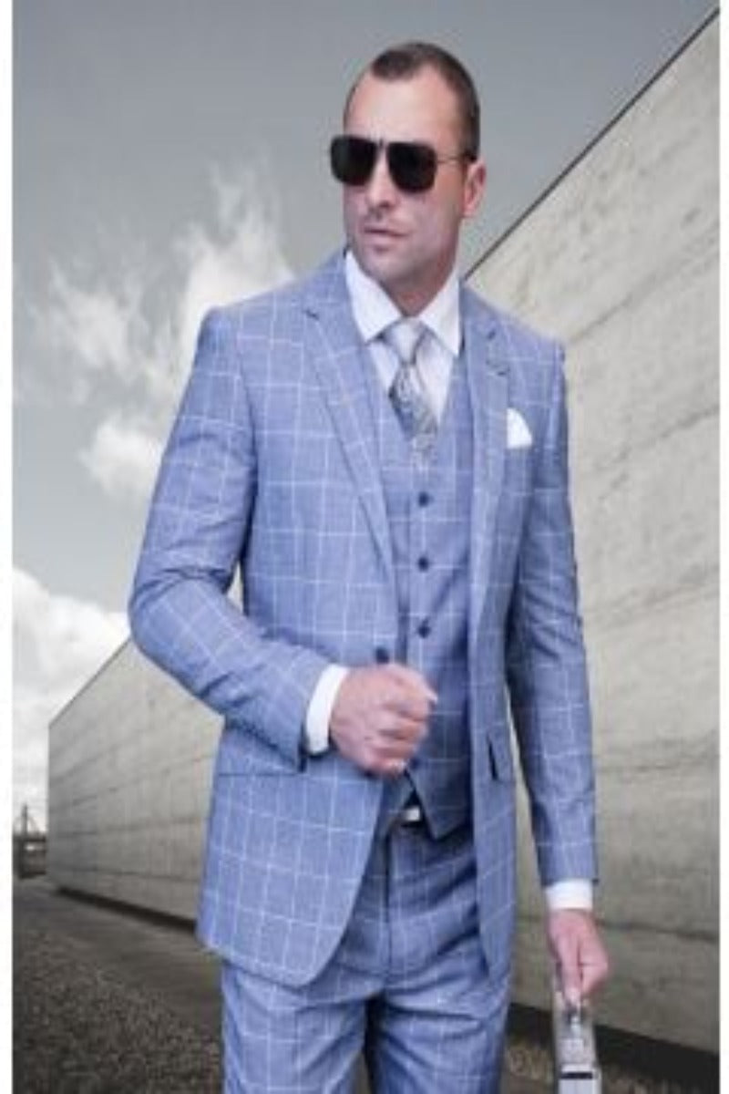 Statement Men's 100% Wool 3 Piece Windowpane Suit Lightweight blue - 38 Short Jacket+32 Waist Adjustable 28to34)(Height: 5 4 to5 7 )(Neck 15-16.5)S-M)