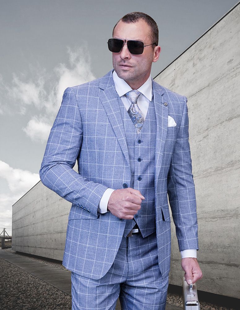 Statement Men's 100% Wool 3 Piece Windowpane Suit Lightweight blue - 38 Short Jacket+32 Waist Adjustable 28to34)(Height: 5 4 to5 7 )(Neck 15-16.5)S-M)