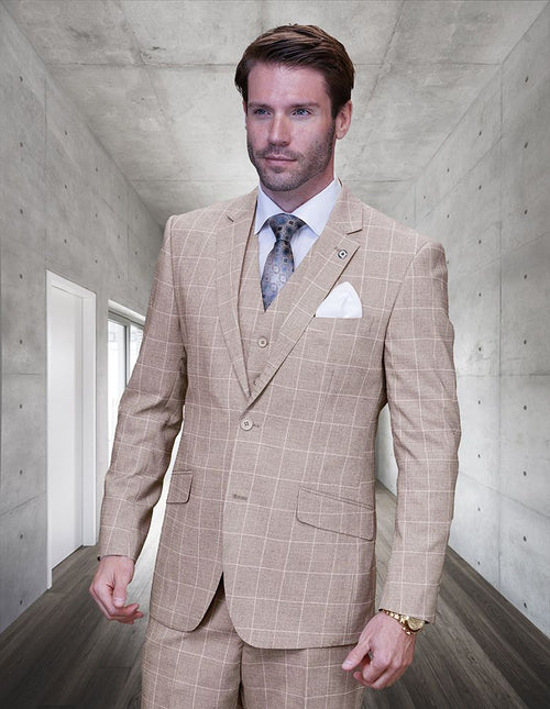 Statement Men's 100% Wool 3 Piece Windowpane Suit Lightweight blue
