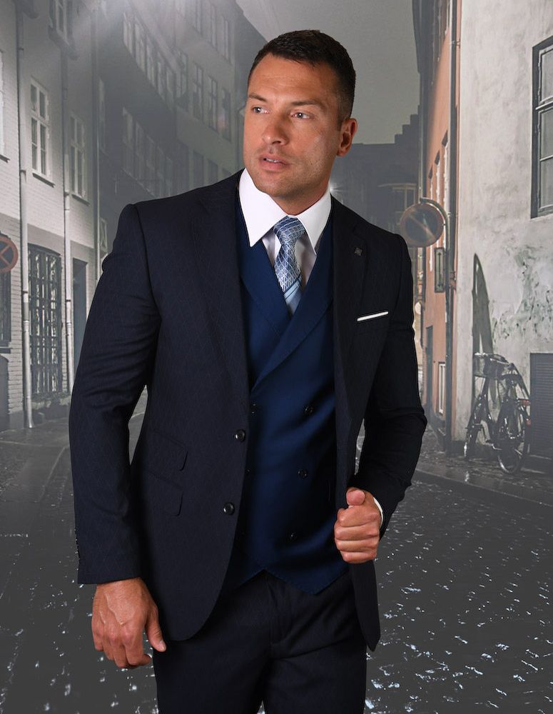 Statement Men's 100% Wool Suit Diamond Tone on Tone Pattern - 38 Short Jacket+32 Waist Adjustable 28to34)(Height: 5 4 to5 7 )(Neck 15-16.5)S-M)