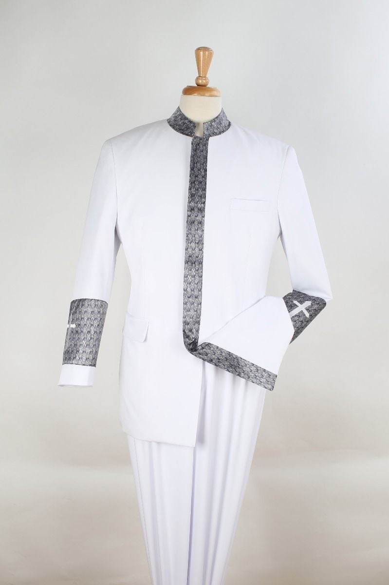 Apollo King Men's 2pc Nehru Style Pastor Suit in black Outlet - White
