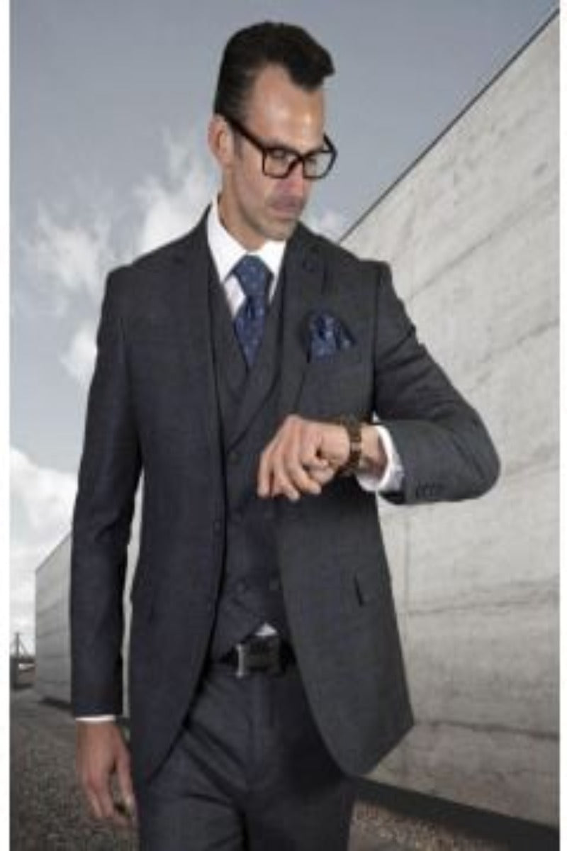 Mens Ultra Slim Fit Vested Suit - Plaid Windowpane Pattern Three Piece Suit in Navy Checker main image 0