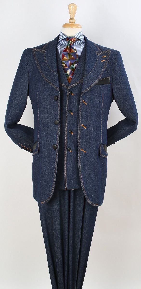 Royal Diamond Men's 3pc Denim Suit - 100% Cotton - 38 Short Jacket+32 Waist Adjustable 28to34)(Height: 5 4 to5 7 )(Neck 15-16.5)S-M)