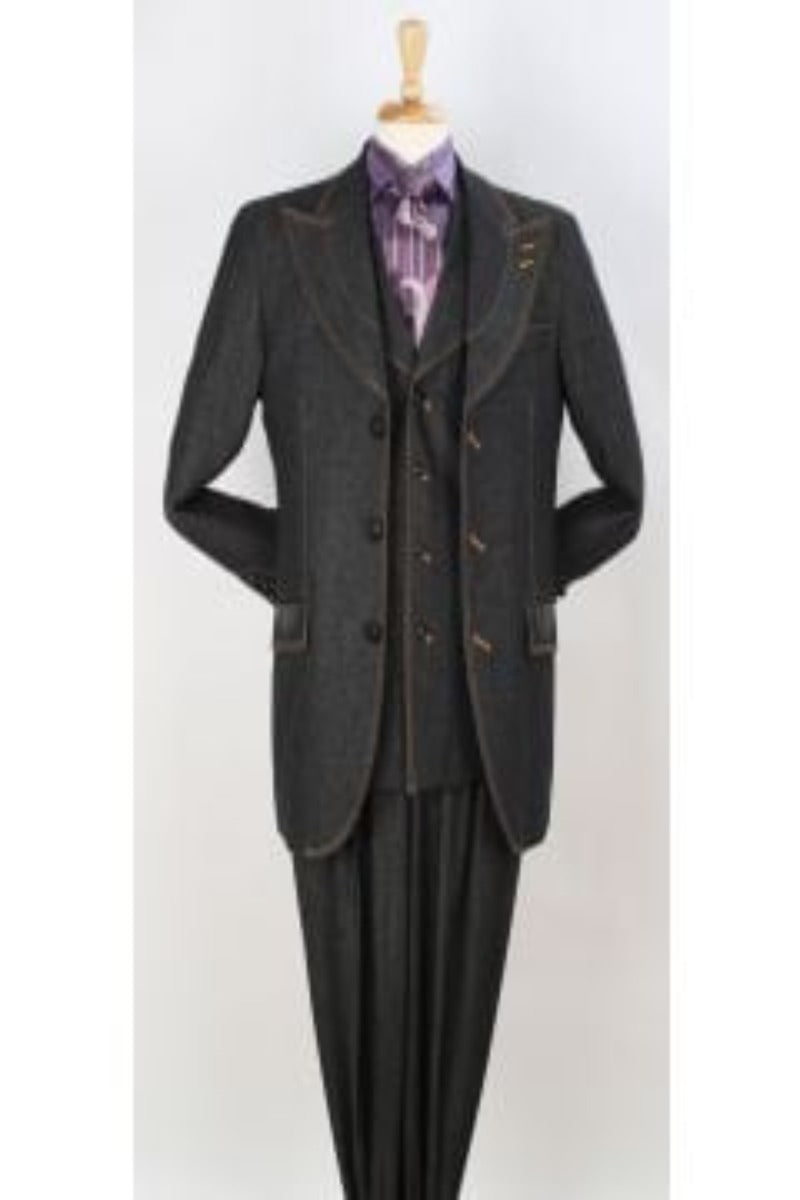 Royal Diamond Men's 3pc Denim Suit - 100% Cotton - 38 Short Jacket+32 Waist Adjustable 28to34)(Height: 5 4 to5 7 )(Neck 15-16.5)S-M)