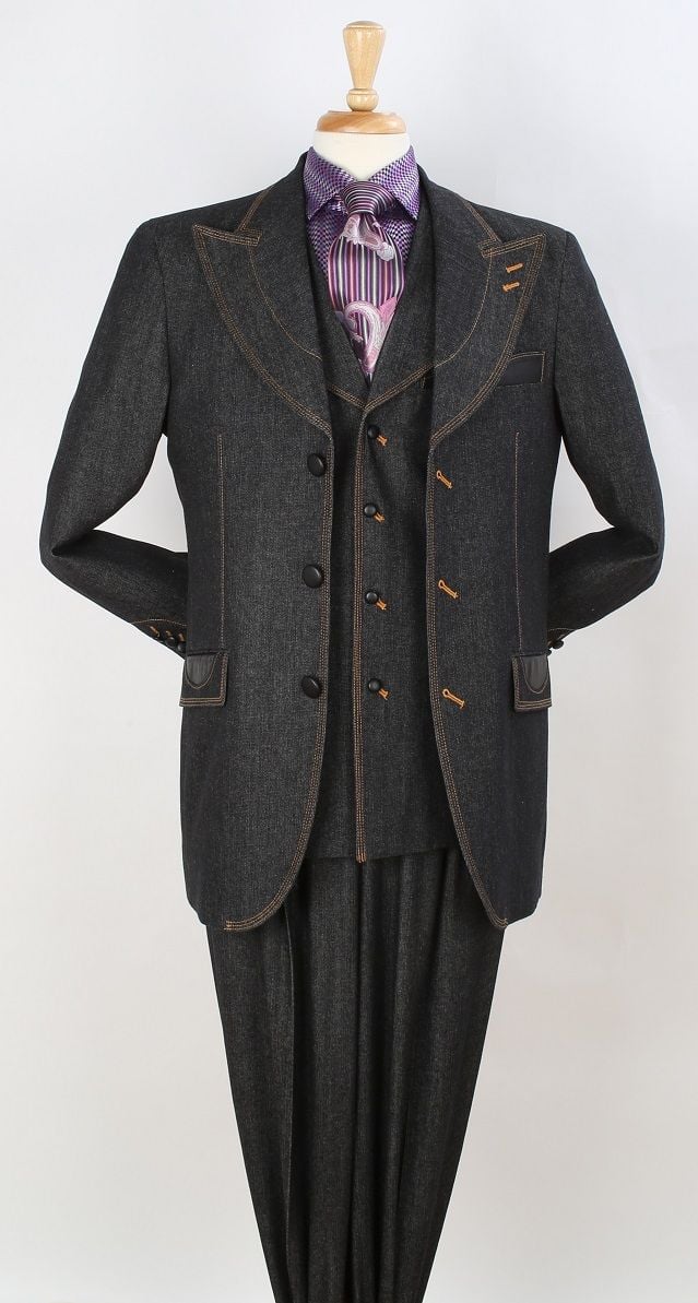 Royal Diamond Men's 3pc Denim Suit - 100% Cotton - 38 Short Jacket+32 Waist Adjustable 28to34)(Height: 5 4 to5 7 )(Neck 15-16.5)S-M)