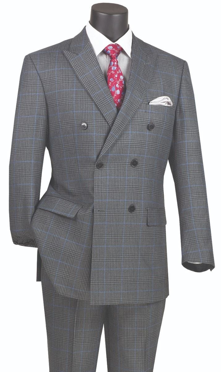 Vinci Men's 2 Piece Glen Plaid Double Breasted Suit Fashionable & Stylish - 38 Short Jacket+32 Waist Adjustable 28to34)(Height: 5 4 to5 7 )(Neck 15-16.5)S-M)