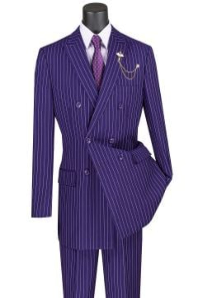 Vinci Men's 2-Piece Banker Pinstripe Double Breasted purple Suit - 38 Short Jacket+32 Waist Adjustable 28to34)(Height: 5 4 to5 7 )(Neck 15-16.5)S-M)