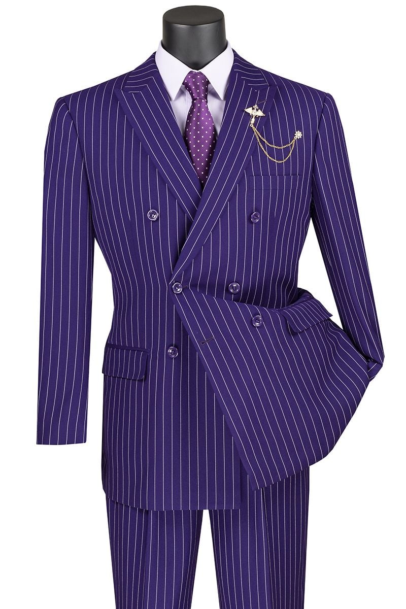 Vinci Men's 2-Piece Banker Pinstripe Double Breasted purple Suit - 38 Short Jacket+32 Waist Adjustable 28to34)(Height: 5 4 to5 7 )(Neck 15-16.5)S-M)