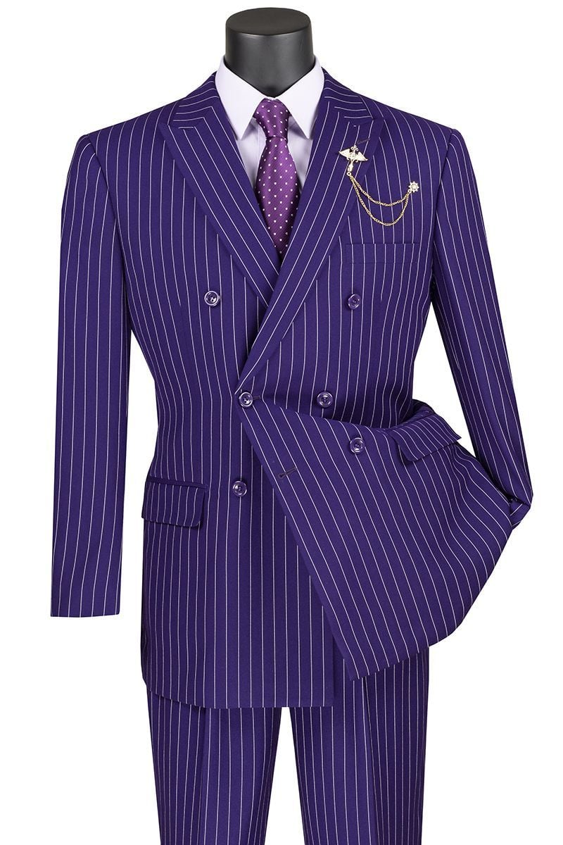 Vinci Men's 2 Piece Banker Pinstripe Double Breasted purple Suit Outlet - 38 Short Jacket+32 Waist Adjustable 28to34)(Height: 5 4 to5 7 )(Neck  15-16.5)S-M)