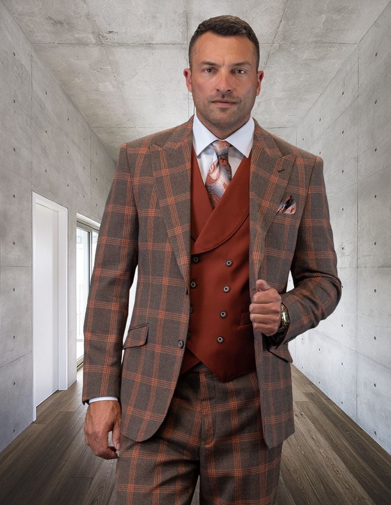 Mens Wool 3-Piece Layered Toned Suit 100% Wool Statement - 38 Short Jacket+32 Waist Adjustable 28to34)(Height: 5 4 to5 7 )(Neck  15-16.5)S-M)