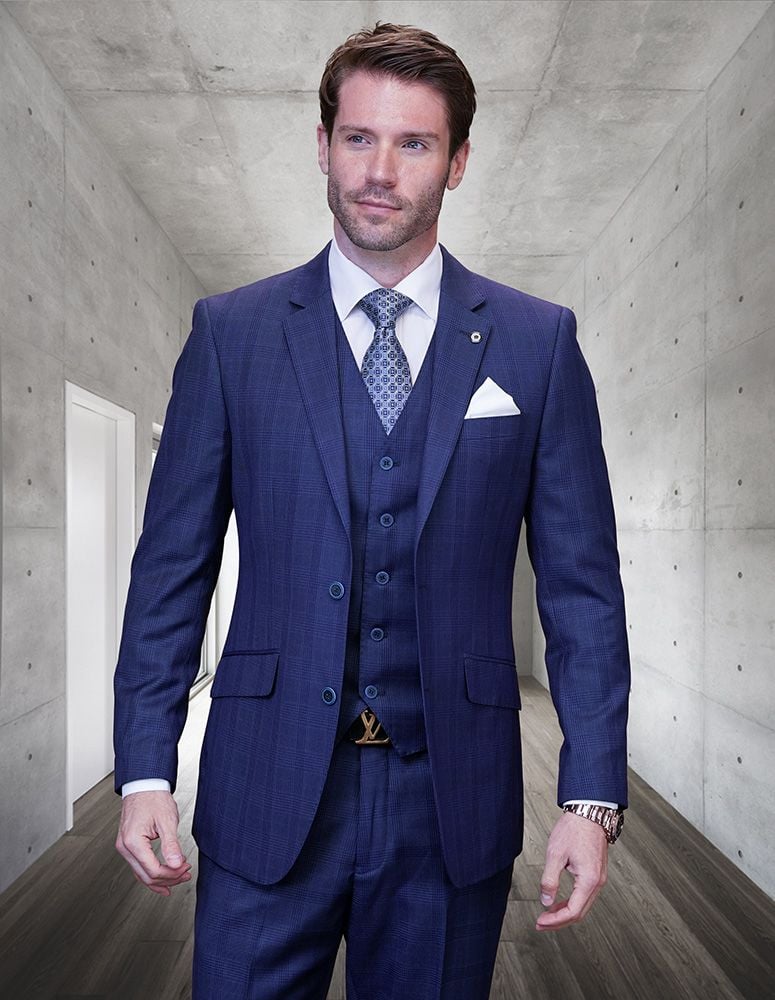 Mens 3 Piece 100% Wool Plaid Suit Classic Design Windowpane Texture Business Pattern Modern Fit Side Vented - 38 Short Jacket+32 Waist Adjustable 28to34)(Height: 5 4 to5 7 )(Neck  15-16.5)S-M)