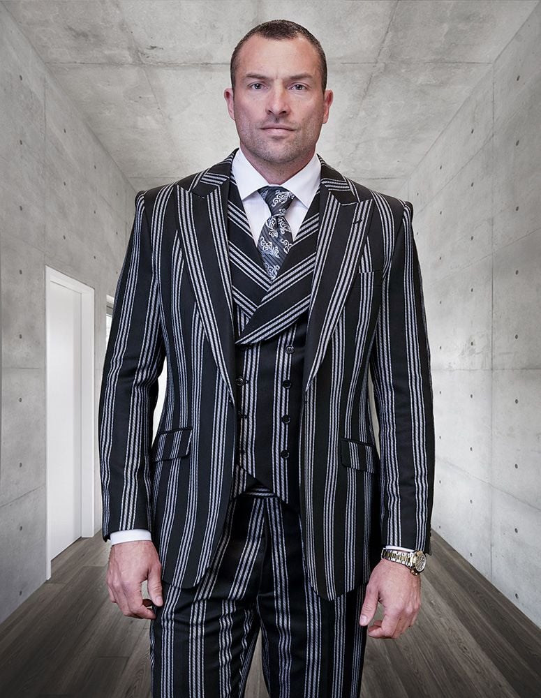 Mens Wool Suit - Bold Quad-Stripe, 3 Piece, 100% Wool - 38 Short Jacket+32 Waist Adjustable 28to34)(Height: 5 4 to5 7 )(Neck 15-16.5)S-M)