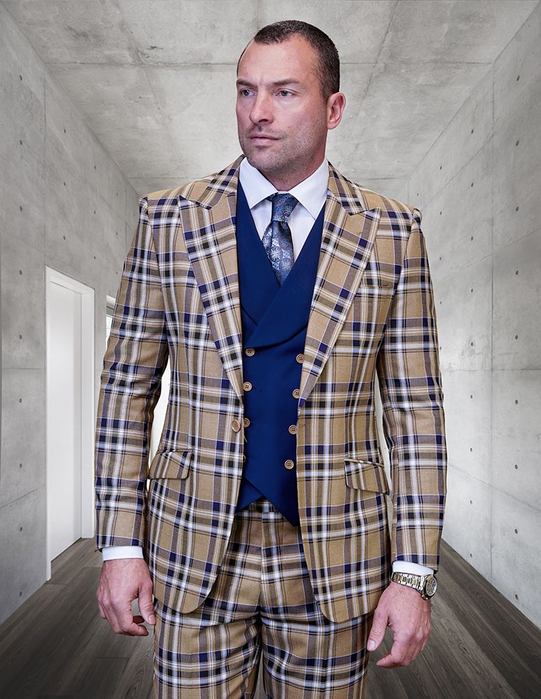 Plaid Wool 3 Piece Suit for Men - 100% Wool, Color Contrast Styling