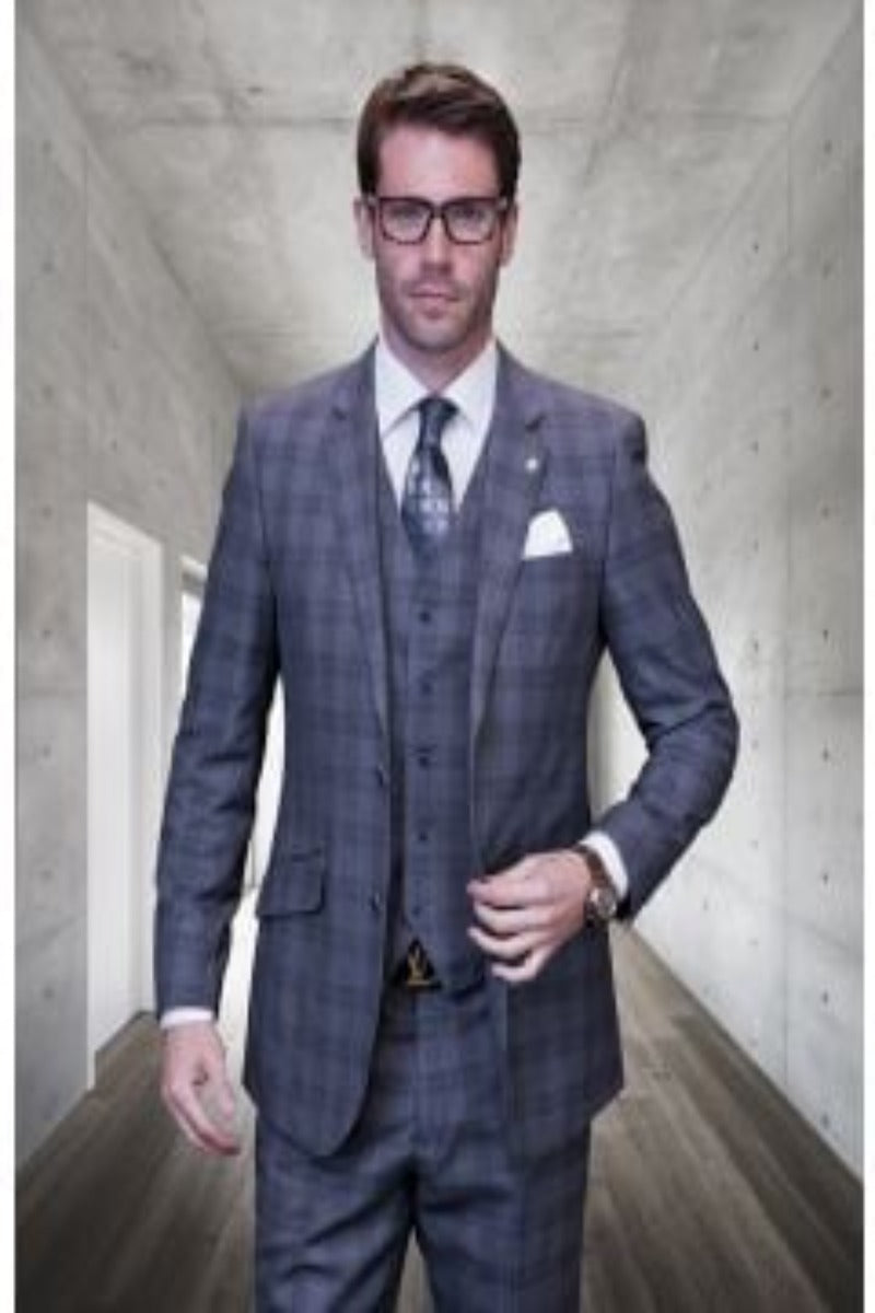 Windowpane Texture Business Pattern Modern Fit Side Vented Men's 100% Wool Fashion Suit - Dark Plaid 3-Piece - 34 Short or Extra Small