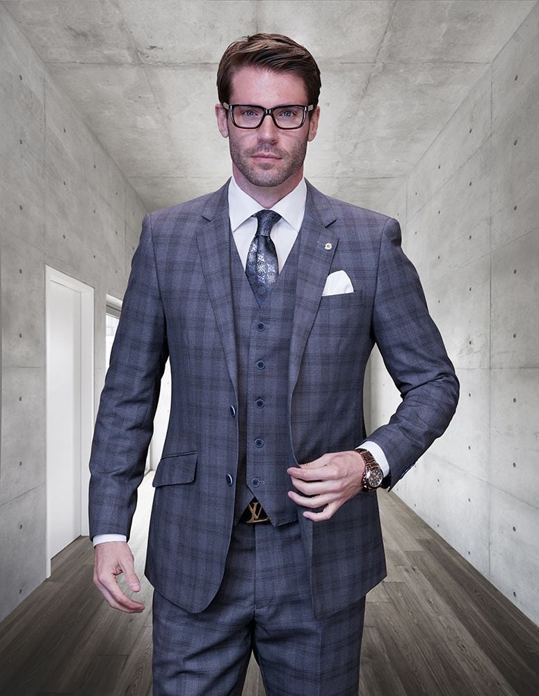 Windowpane Texture Business Pattern Modern Fit Side Vented Men's 100% Wool Fashion Suit - Dark Plaid 3-Piece - 34 Short or Extra Small