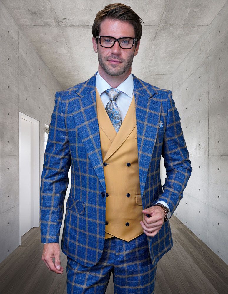 Men's 100% Wool 3 Piece Suit Wide Peak Lapel Sharp Tailored Look for Special Occasions - 38 Short Jacket+32 Waist Adjustable 28to34)(Height: 5 4 to5 7 )(Neck 15-16.5)S-M)