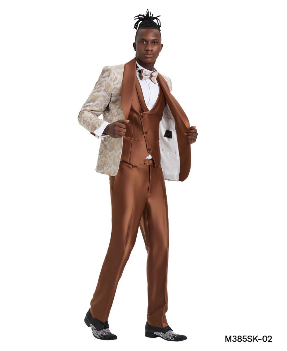 Tazio Paisley 3-Piece Men's Skinny Fit Suit - 38 Short Jacket+32 Waist Adjustable 28to34)(Height: 5 4 to5 7 )(Neck 15-16.5)S-M)