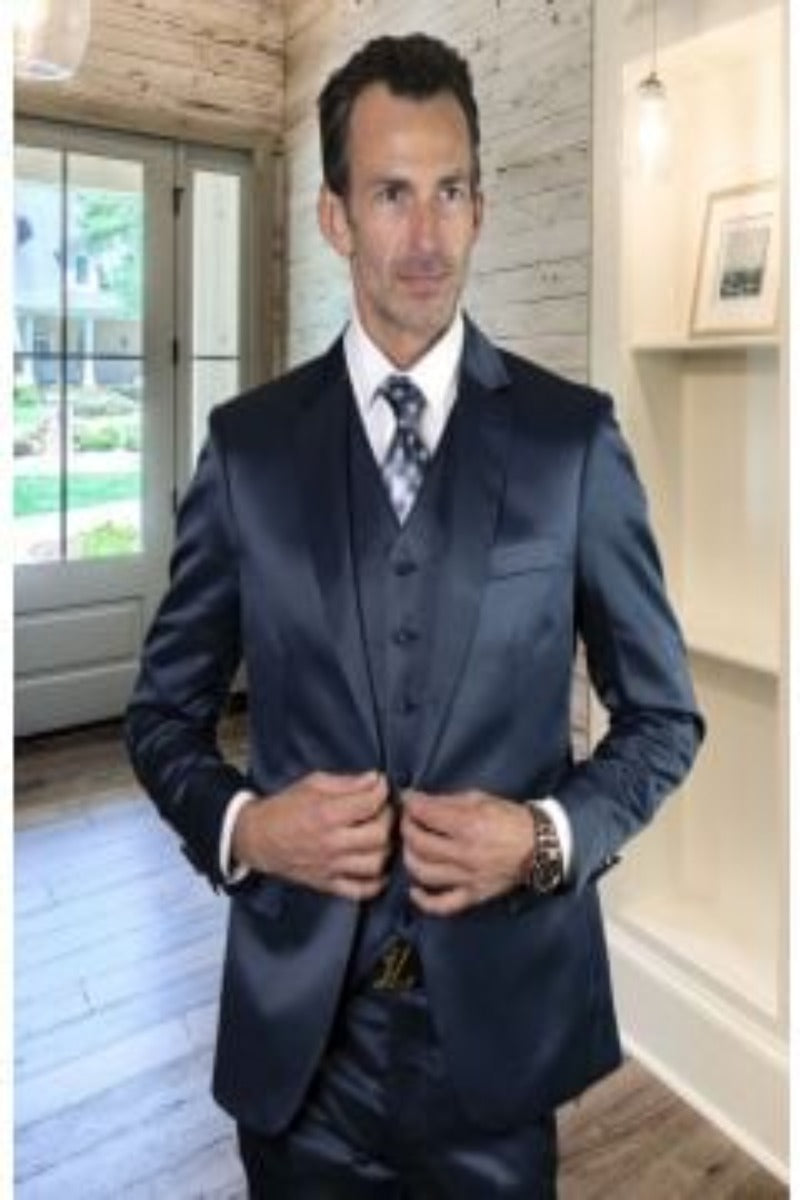 Men's 3 Piece Sharkskin Tuxedo with black satin lapel trim - Three Piece Suit main image 1