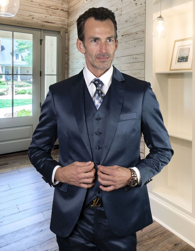 Men's Sharkskin 3-Piece Suit: Unique Fashion Statement - 38 Short Jacket+32 Waist Adjustable 28to34)(Height: 5 4 to5 7 )(Neck 15-16.5)S-M)