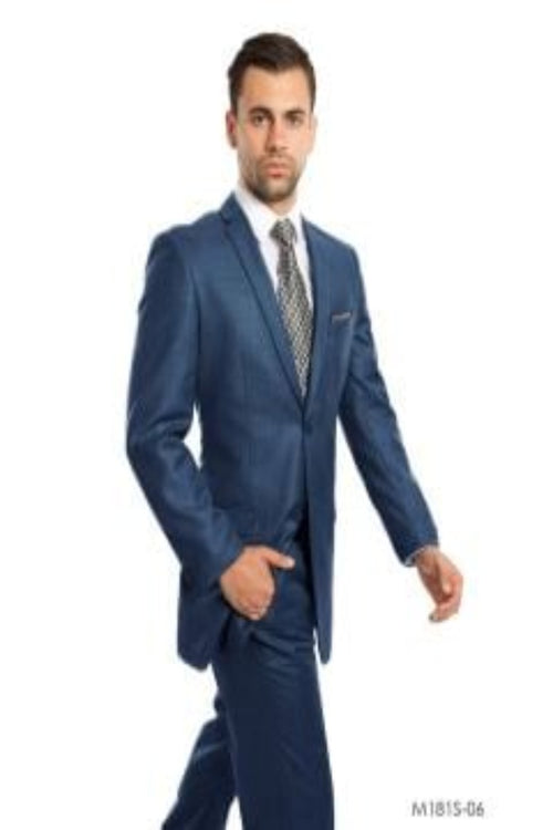 Tazio Mens 2Piece Silky Sharkskin SlimFit Suit Modern Cut blue