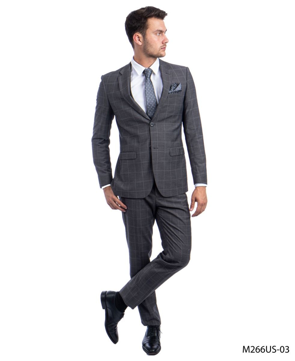 Tazio Men's Executive 3-Piece Ultra-Slim Fit Suit Windowpane Pattern - 38 Short Jacket+32 Waist Adjustable 28to34)(Height: 5 4 to5 7 )(Neck 15-16.5)S-M)