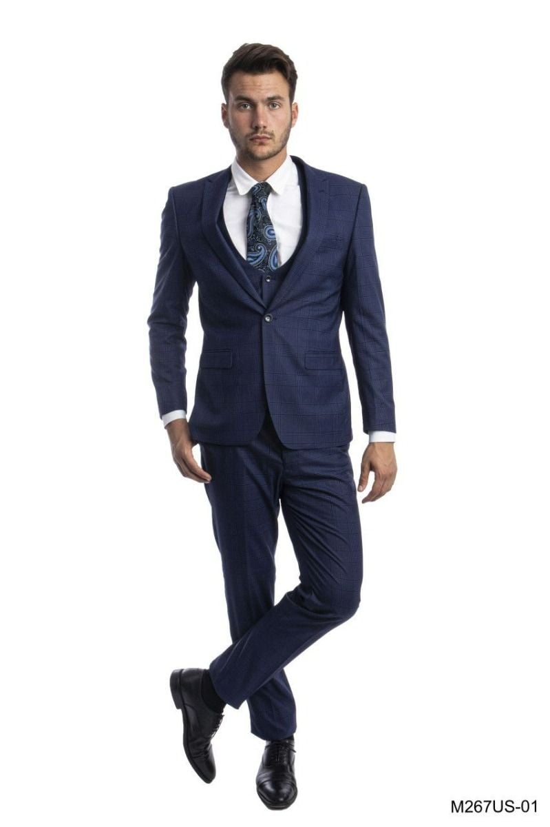 Tazio Men's Glen Check Outfit | Ultra Slim Fit 3 Piece Suit blue - 38 Short Jacket+32 Waist Adjustable 28to34)(Height: 5 4 to5 7 )(Neck 15-16.5)S-M)