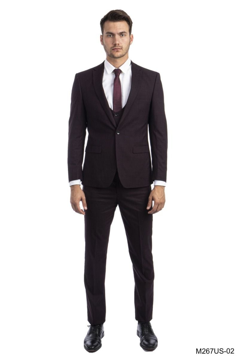 Tazio Men's 3-Piece Ultra Slim Fit Glen Check Suit - 38 Short Jacket+32 Waist Adjustable 28to34)(Height: 5 4 to5 7 )(Neck 15-16.5)S-M)