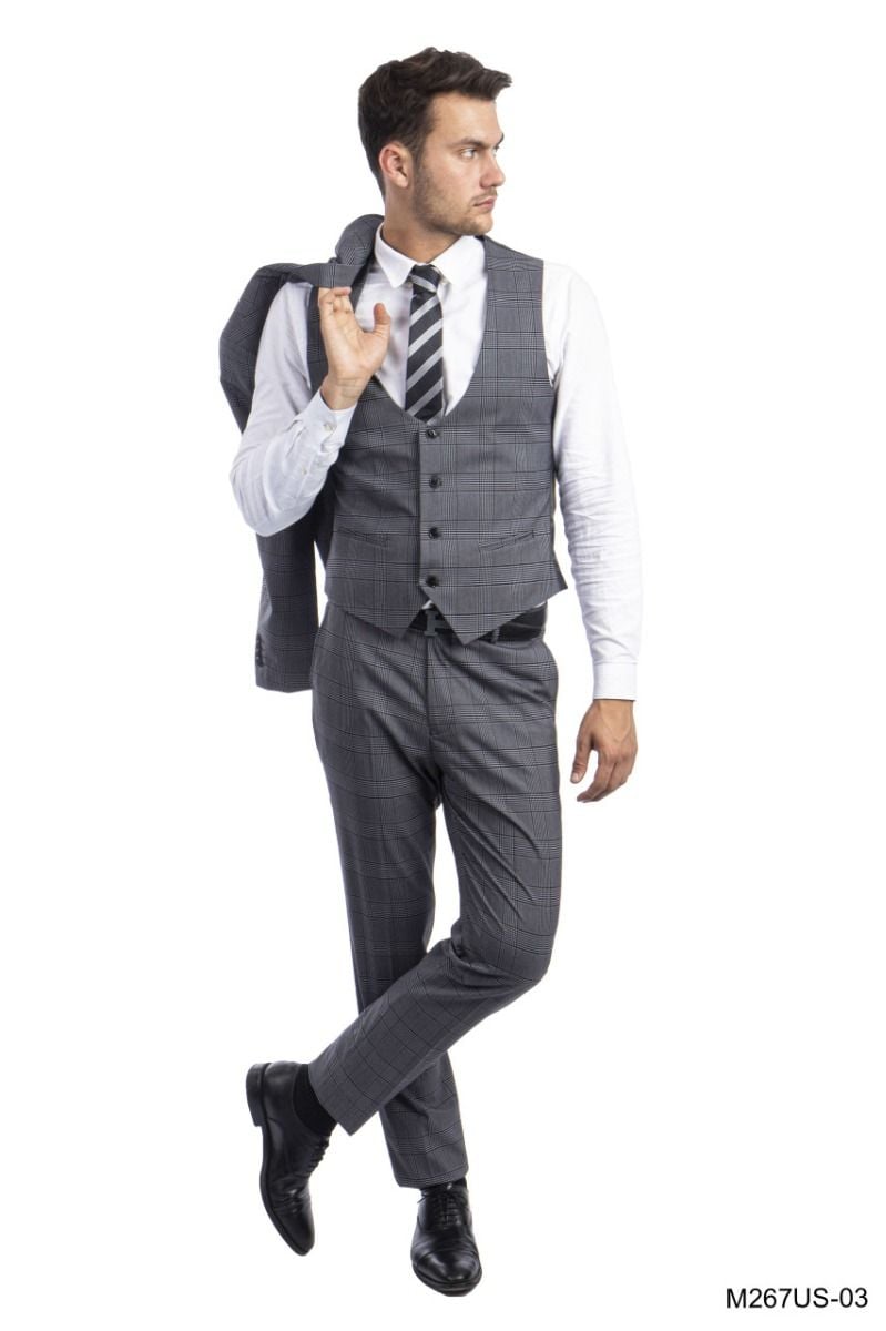 Tazio Men's 3-Piece Ultra Slim Fit Glen Check Suit - 38 Short Jacket+32 Waist Adjustable 28to34)(Height: 5 4 to5 7 )(Neck 15-16.5)S-M)