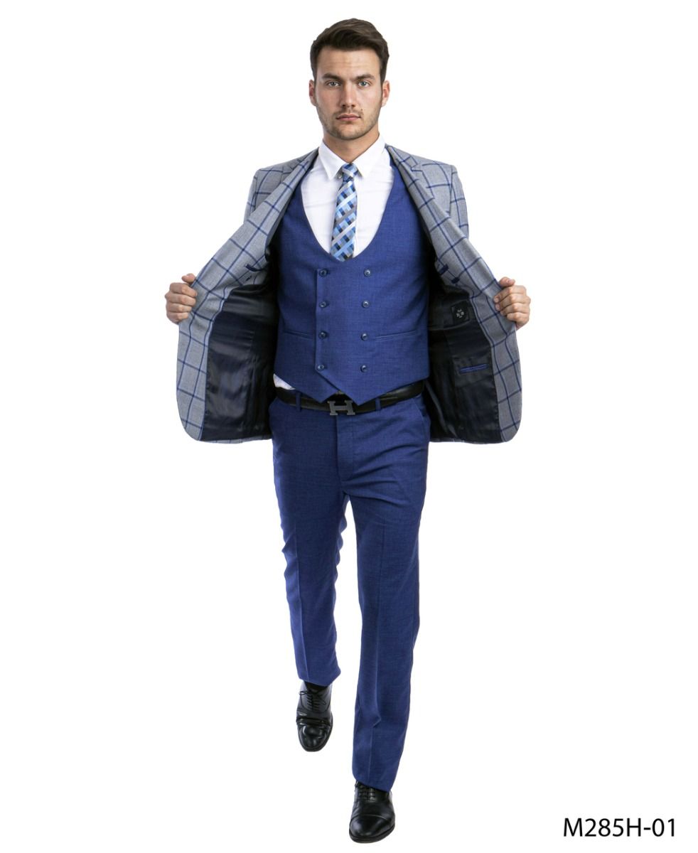 Tazio Men's 3 Piece Windowpane Executive Suit Two Tone - 38 Short Jacket+32 Waist Adjustable 28to34)(Height: 5 4 to5 7 )(Neck 15-16.5)S-M)