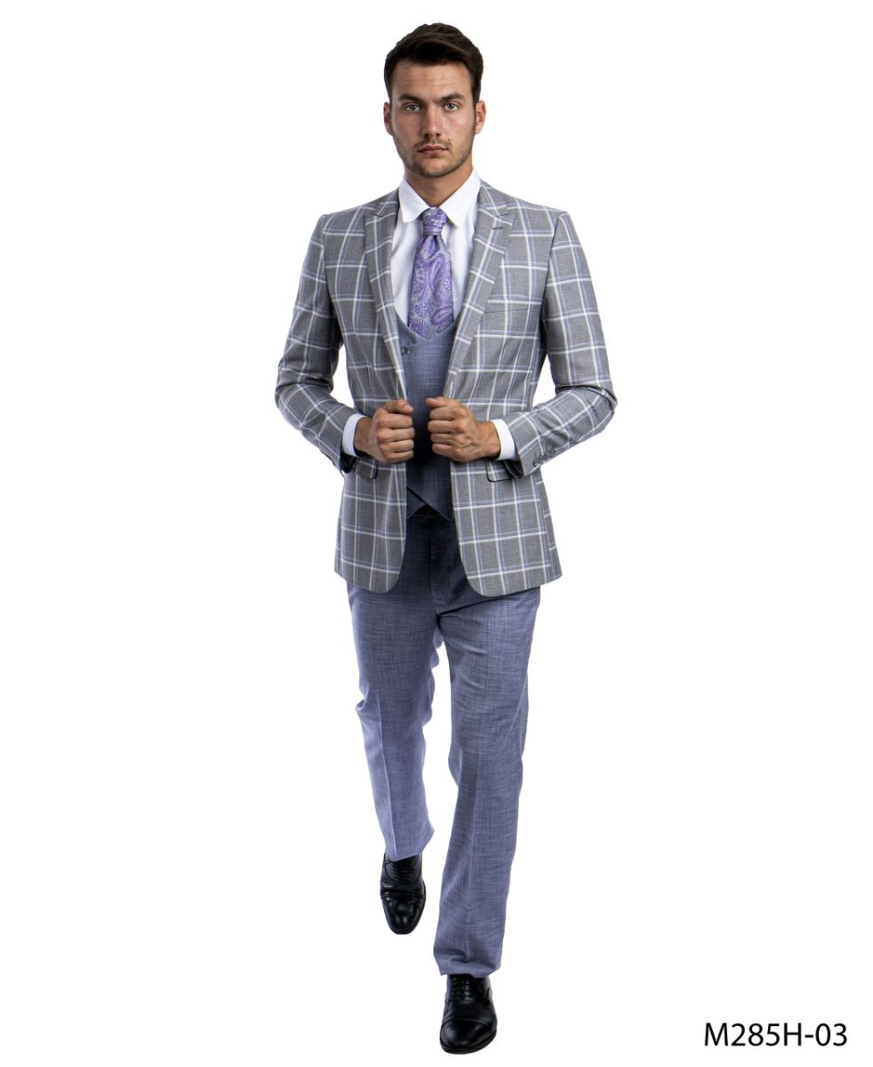 Tazio Men's 3 Piece Windowpane Executive Suit Two Tone - 38 Short Jacket+32 Waist Adjustable 28to34)(Height: 5 4 to5 7 )(Neck 15-16.5)S-M)
