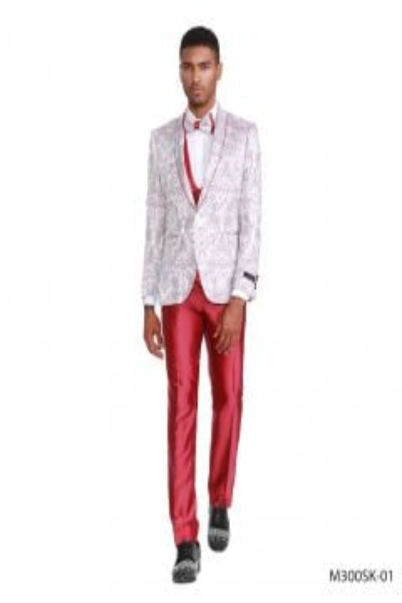 Tazio Men's Skinny Fit 4-Piece Suit - Blooming Flowers pink - 38 Short Jacket+32 Waist Adjustable 28to34)(Height: 5 4 to5 7 )(Neck 15-16.5)S-M)